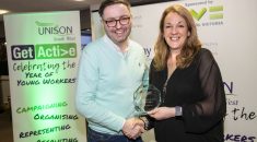 Shawn Fleming accepting an award from Debi Potter at UNISON's Get Active Awards Ceremony 2019