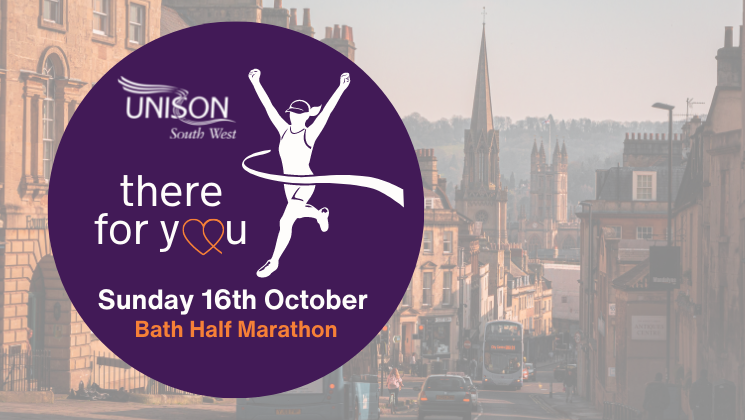 Photo of Bath overlayed with a purple circle containing the UNISON logo, an image of a runner crossing the finish line and the text 'Sunday 16th October, Bath Half Marathon'