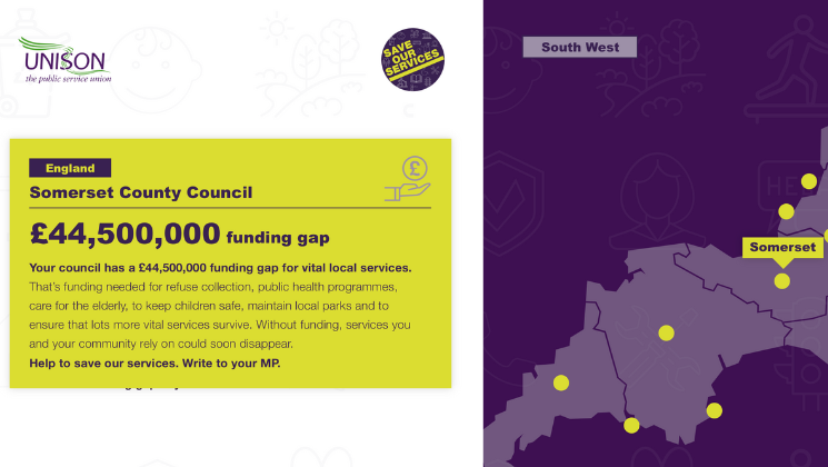 Screenshot from UNISON's council cuts website shows Somerset County Council has a £44,500,000 deficit