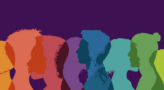 Silhouettes in different colours against a purple background.
