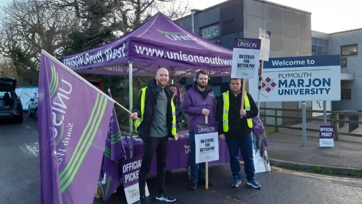 UNISON members on the picket line at Plymouth Marjon University.