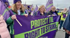 UNISON banner at the Cheltenham demo, carried by Christina McAnea and Ali Evans.