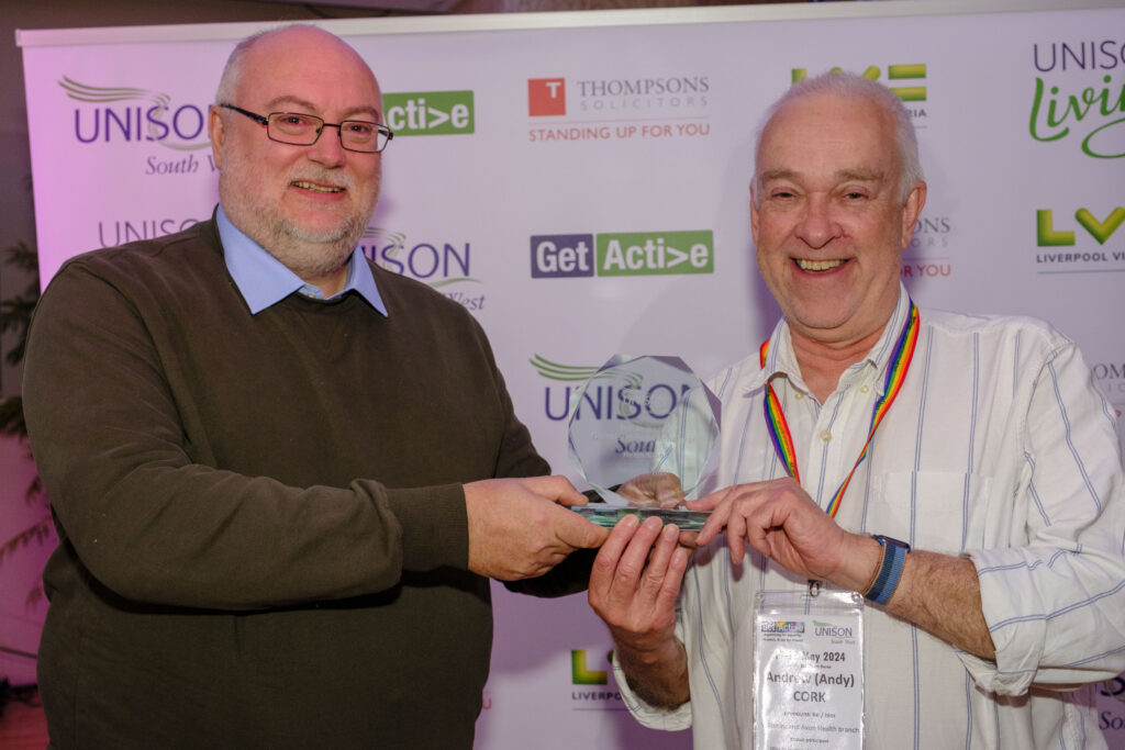 Mark Wareham presents the Organising Rep of the Year award to Andy Cork on behalf of three reps in his branch.