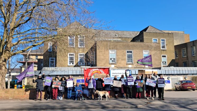 Phlebotomists on strike outside Cheltenham General Hospital.