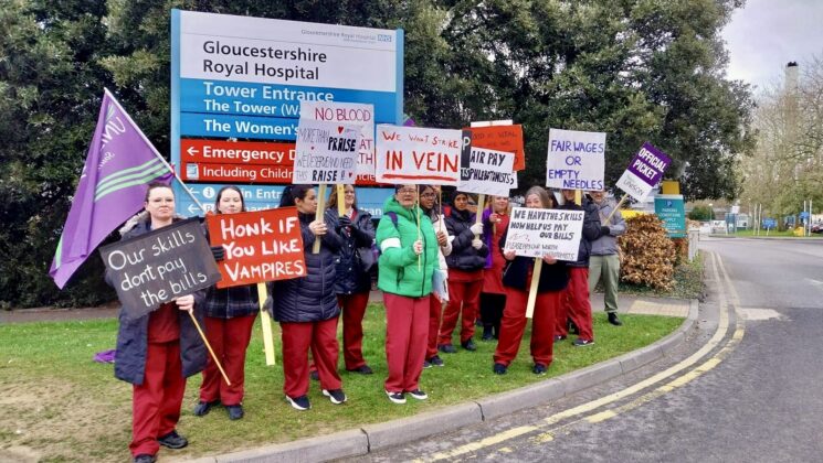 Phlebotomists outside Gloucestershire Royal Hospital.
