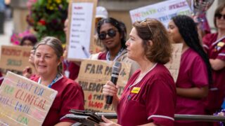 Caroline speaking at the phlebotomists rally.