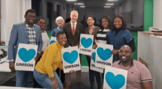 Gideon Amos with migrant workers in Taunton.