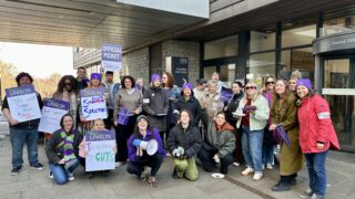 Bath social care managers taking action outside Keynsham Civic Centre.